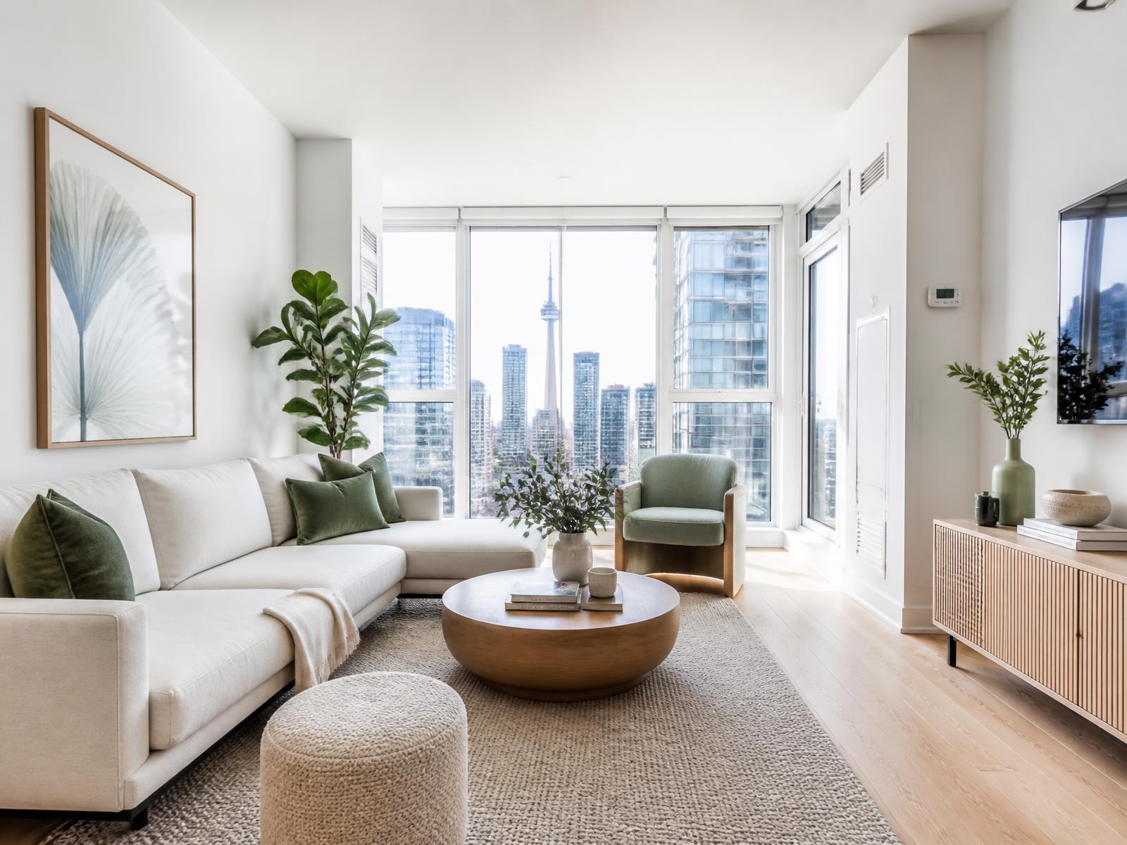 Bright, freshly cleaned modern Toronto condo living room with natural light